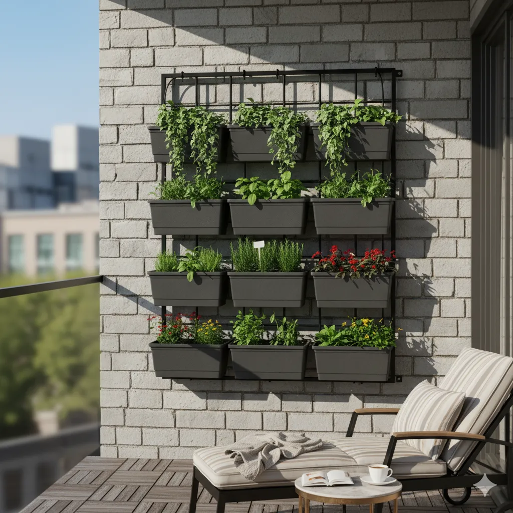 Apartment balcony with vertical garden installation showing multiple levels of plants